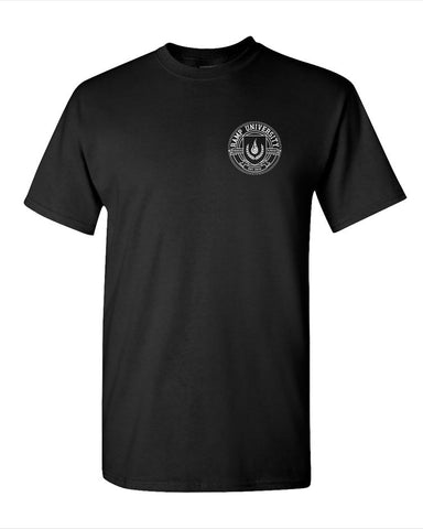 A black crew neck t-shirt with a Ramp University seal logo on the chest.