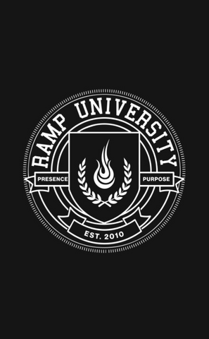 A black crew neck t-shirt with a Ramp University seal logo on the chest.