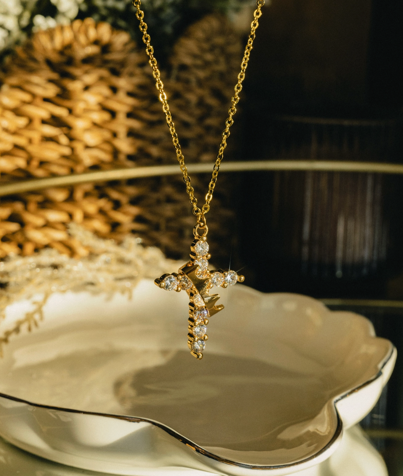 Gold Cross and Crown Necklace