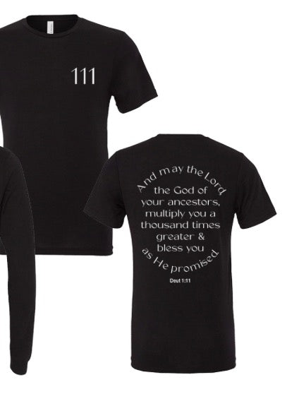 A black short sleeve tee with text and the number 111 printed on it.